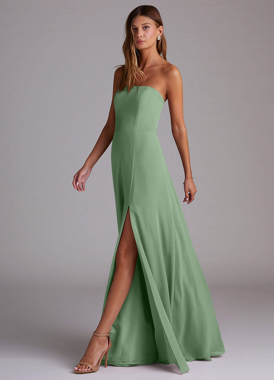 Azazie Wren Abiti da Damigella Abito Convertibile A-Line in Chiffon Spacco Laterale Matcha image3