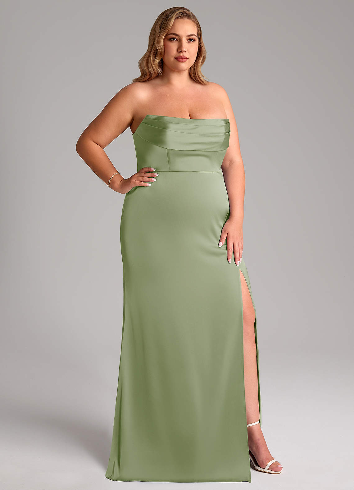Azazie Saige Bridesmaid Dresses Dusty Sage Sheath Off the Shoulder Stretch Satin Dress image16