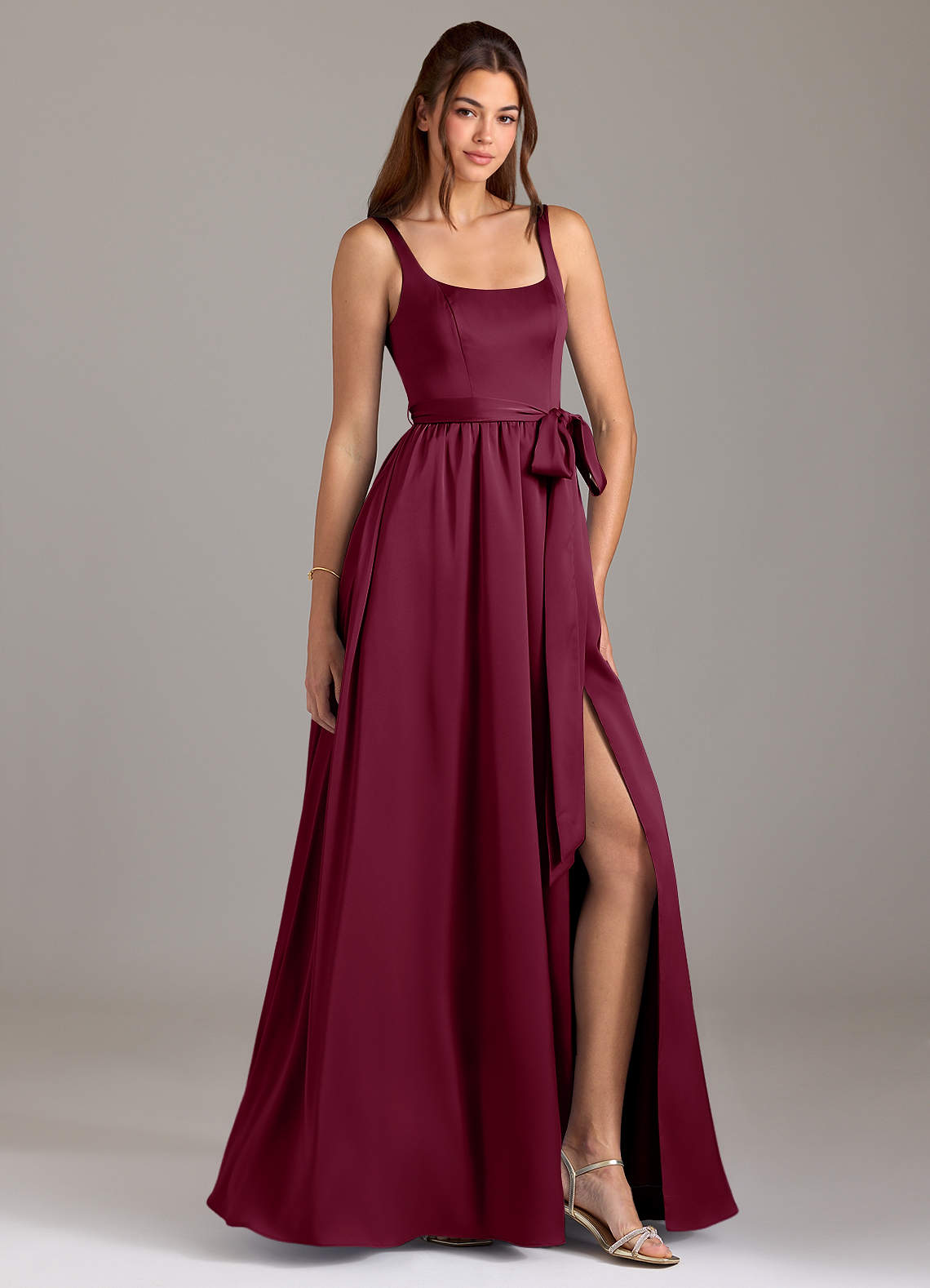 Azazie Elliott Bridesmaid Dresses Mulberry A-Line with Pockets Stretch Satin Dress image1