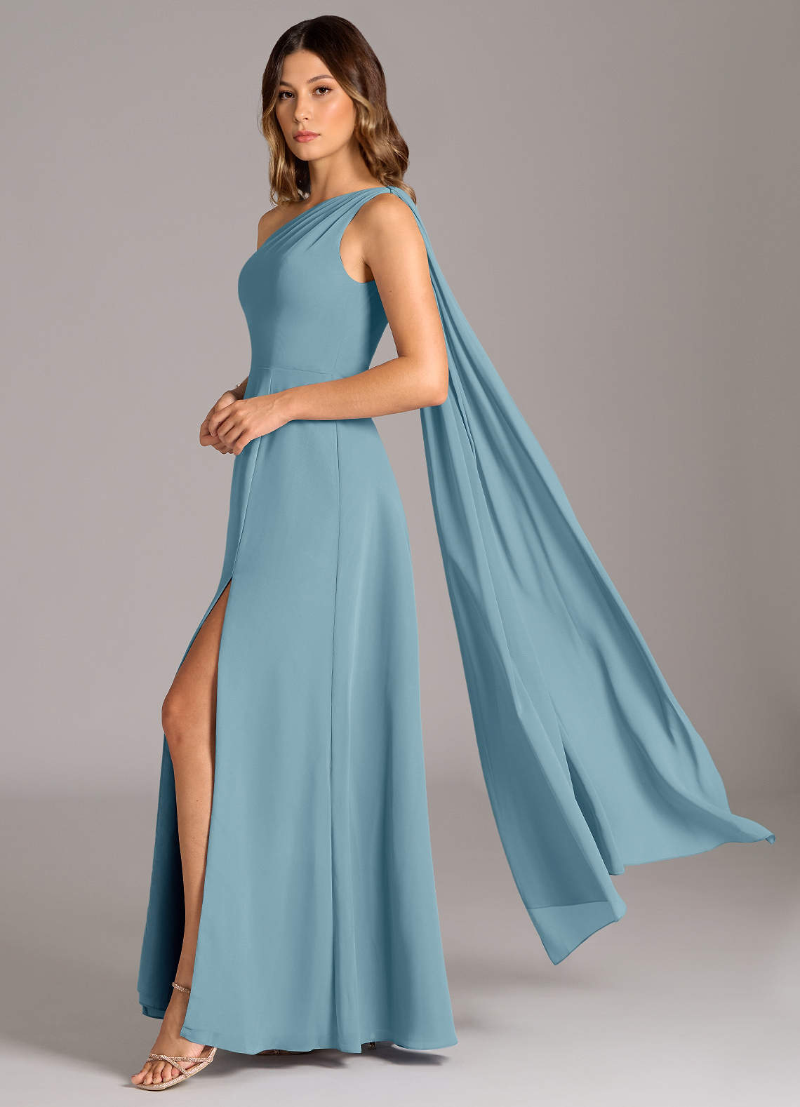 Azazie Tella Bridesmaid Dresses Moody Blue A-Line One Shoulder Chiffon Dress image1