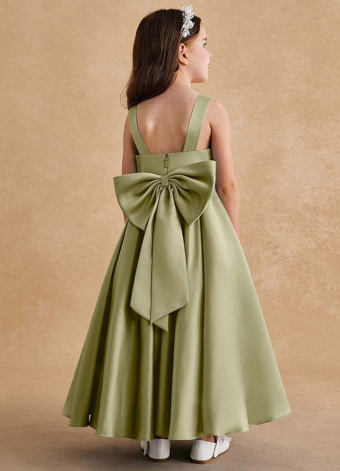 Azazie A-Line/Princess Boat Neck Ankle-Length Matte Satin Flower Girl Dresses - Moss Green