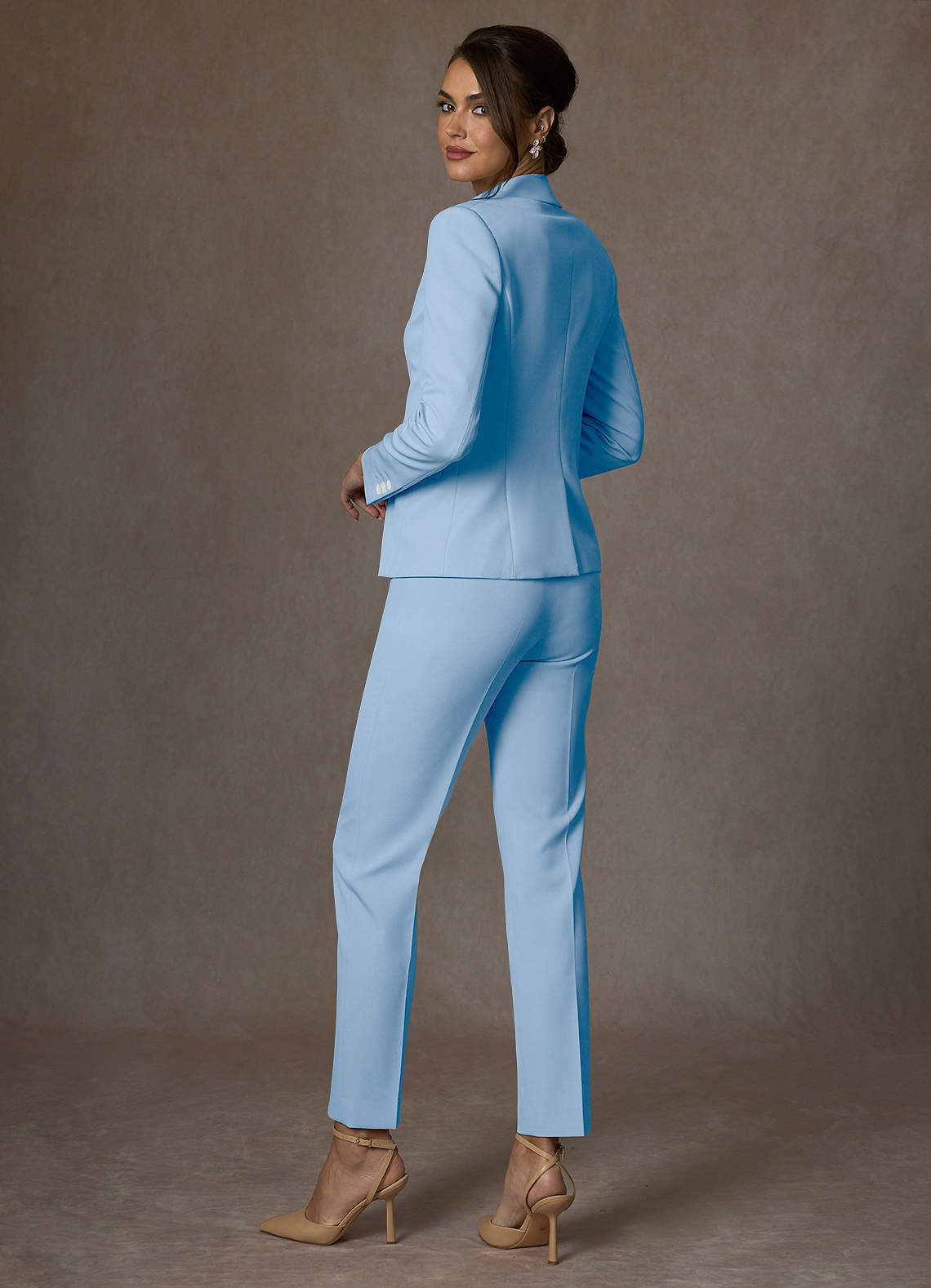 front Whitney Sky Blue Structured Stretch Full Length Pants Suit