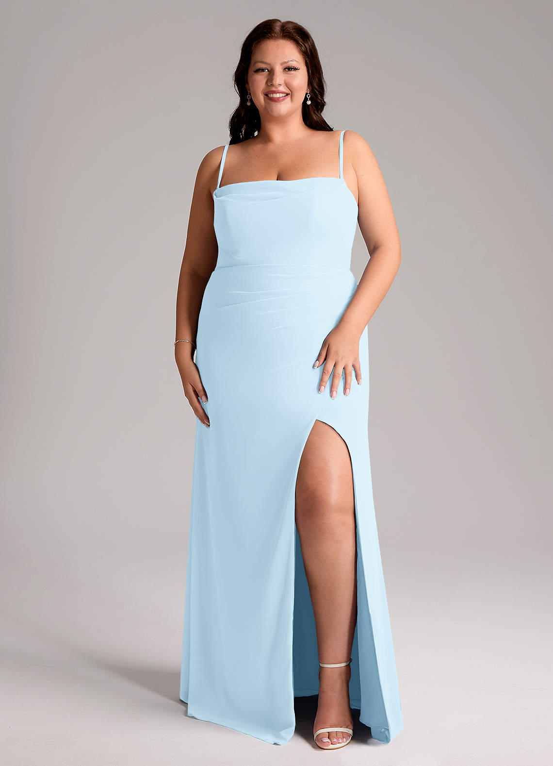 Azazie Leonis At-home Try On Dresses Sky Blue Sheath Strapless Chiffon Convertible Dress image8