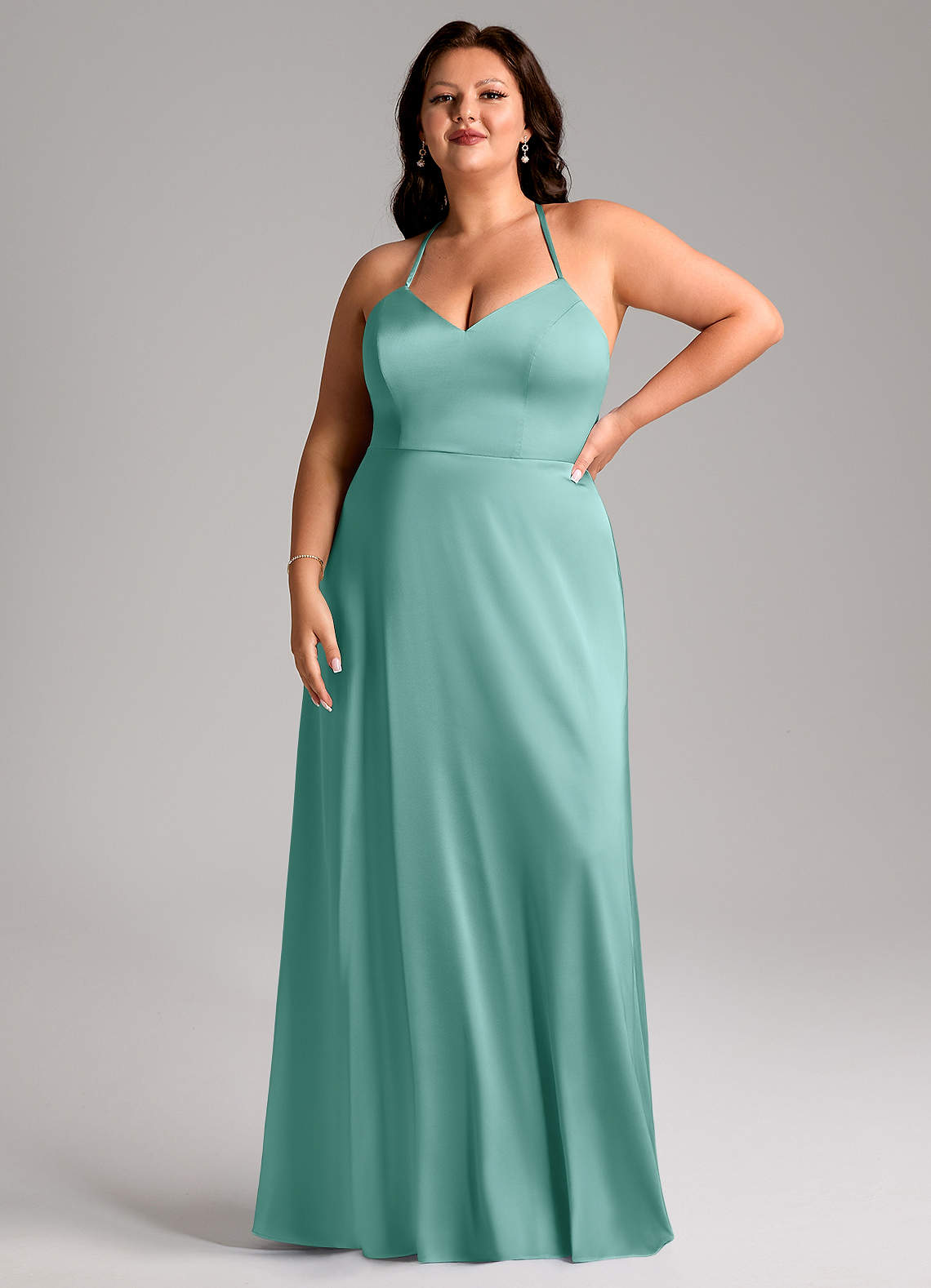 Azazie Mei Vestidos de damas de honor Vestido de Aqua de Satén Elástico de Corte en A con Cuello en V image6