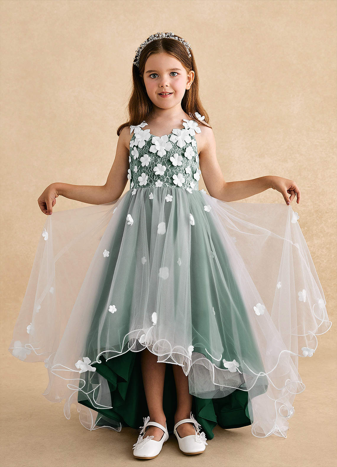 Azazie Celia Flower Girl Dresses Dark Green A-Line Lace Tulle Dress image3