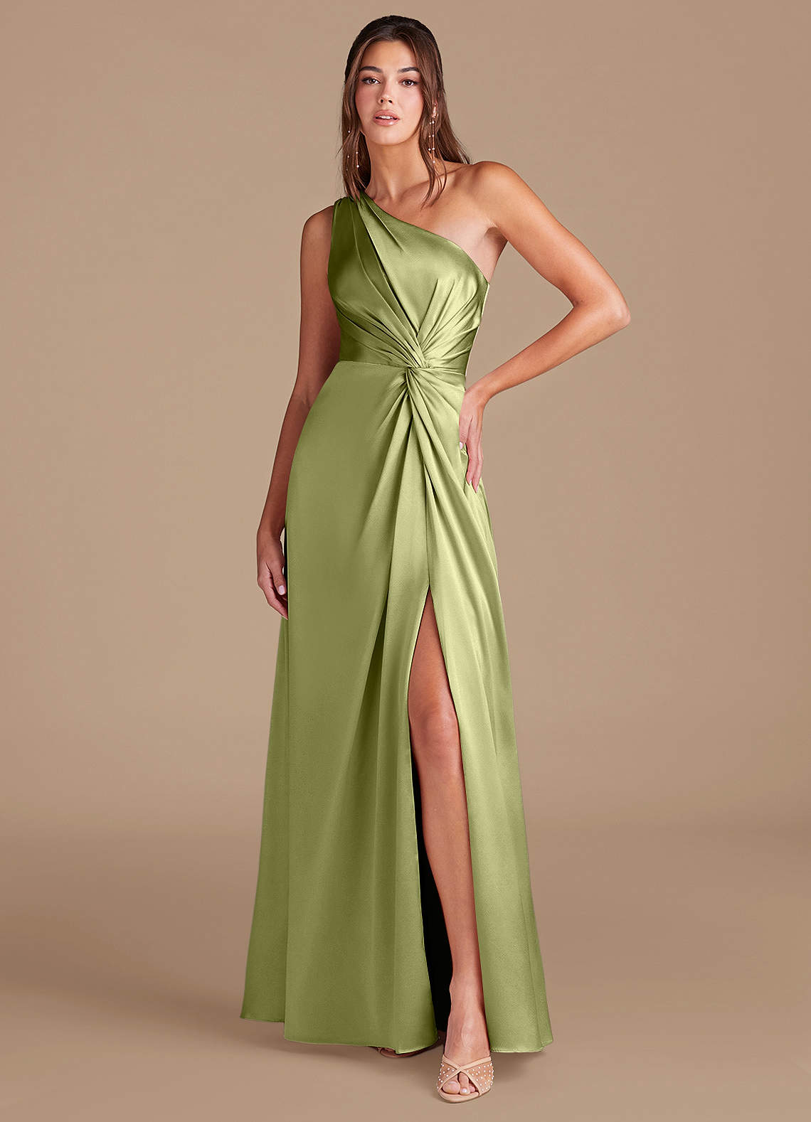 Azazie Brooke Bridesmaid Dresses Pistachio A-Line One Shoulder Metallic Satin Dress image1