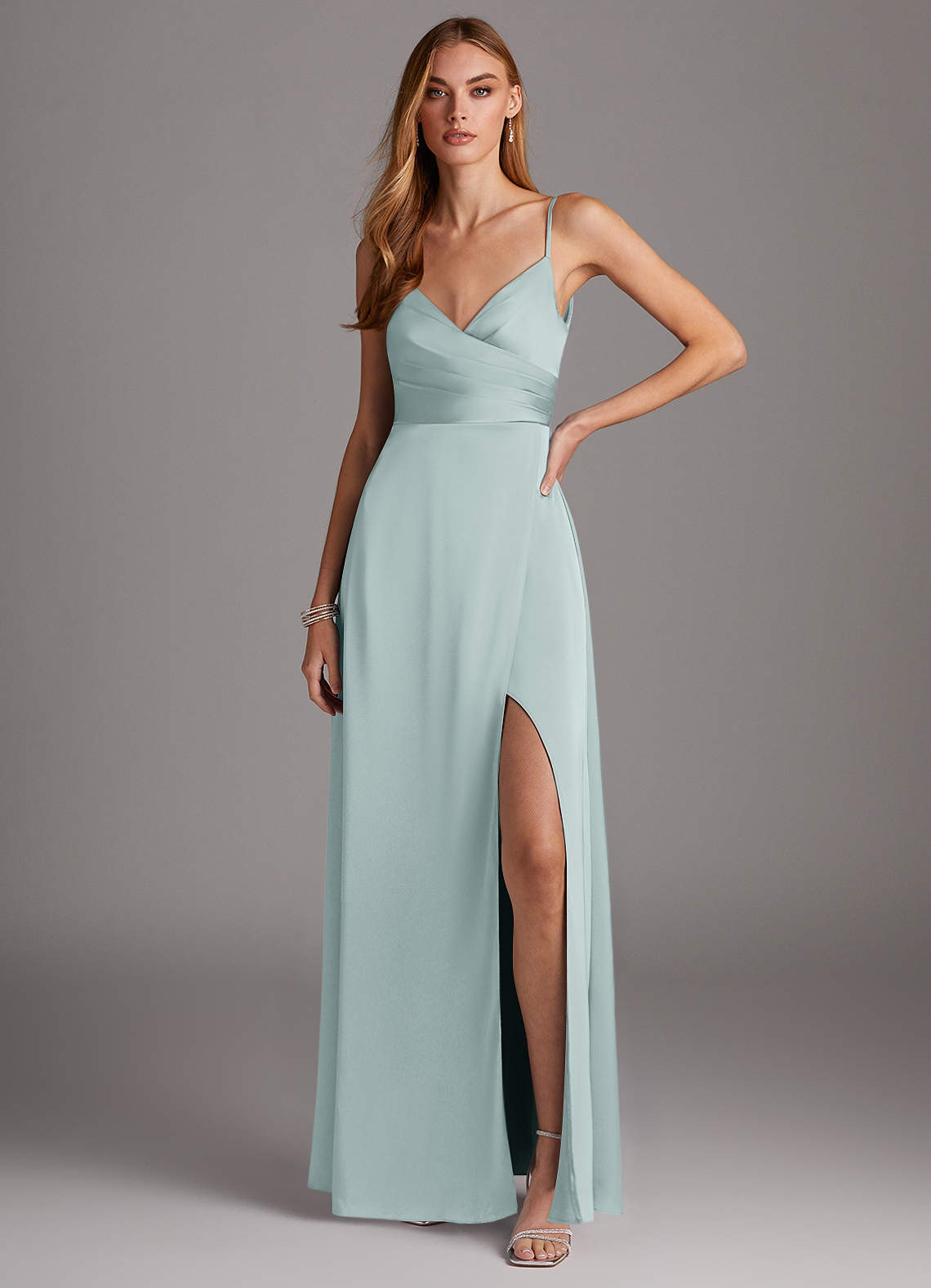 Azazie Calissa Bridesmaid Dresses Mist A-Line V-Neck Pleated Stretch Satin Dress image1