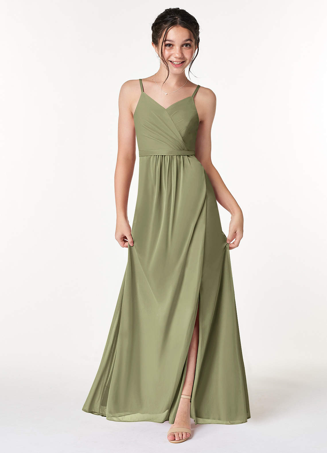 Azazie Luxy Junior Pistachio Pleated Mesh Dress image1