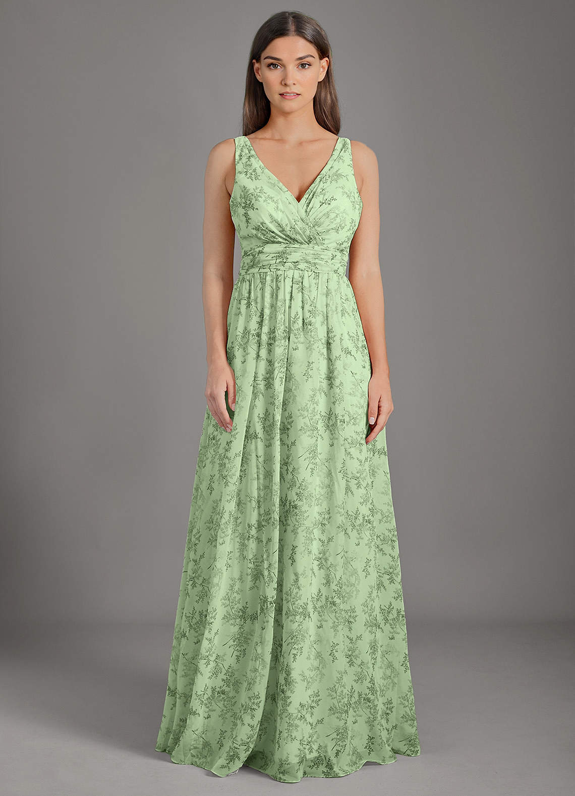 Azazie Kora Bridesmaid Dresses Green Fern Floral A-Line Pleated Chiffon Dress image1
