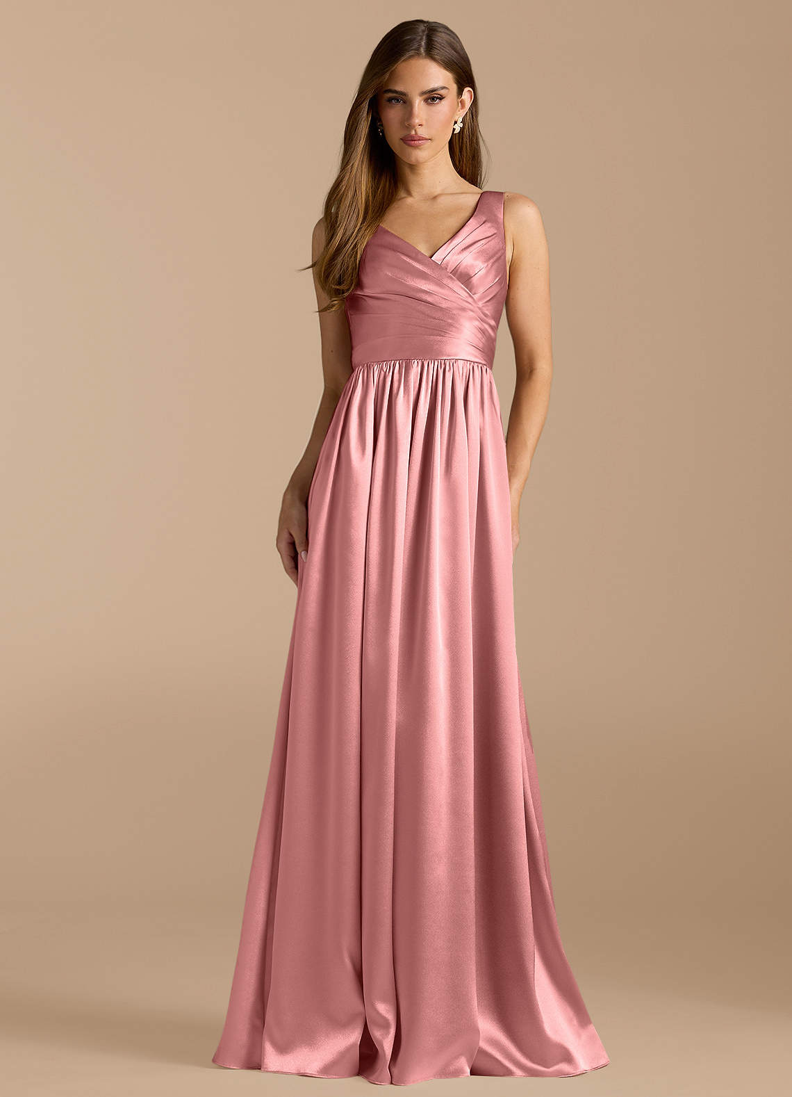 Azazie Keyla At-home Try On Dresses Auburn A-Line Pleated Metallic Satin Dress image1