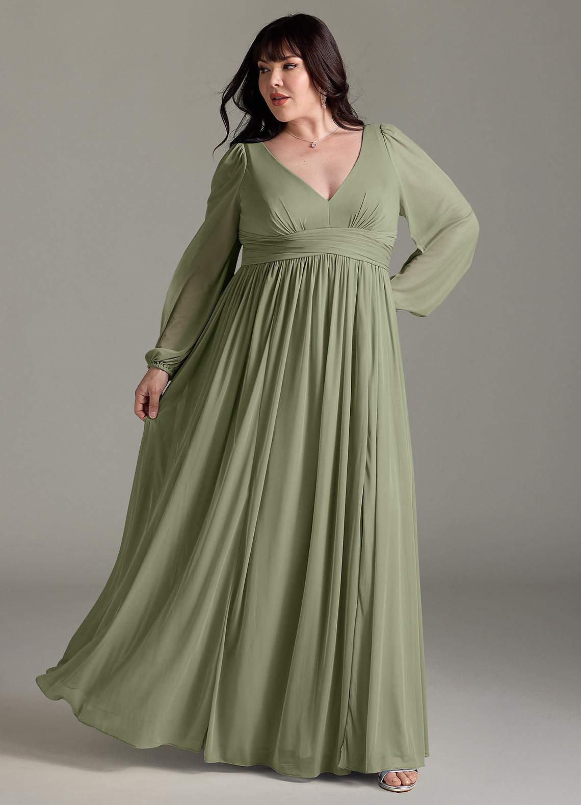 Azazie Norah Vestidos de madrinha de casamento Vestido Pistache de Chiffon de Linha A com Manga comprida image7