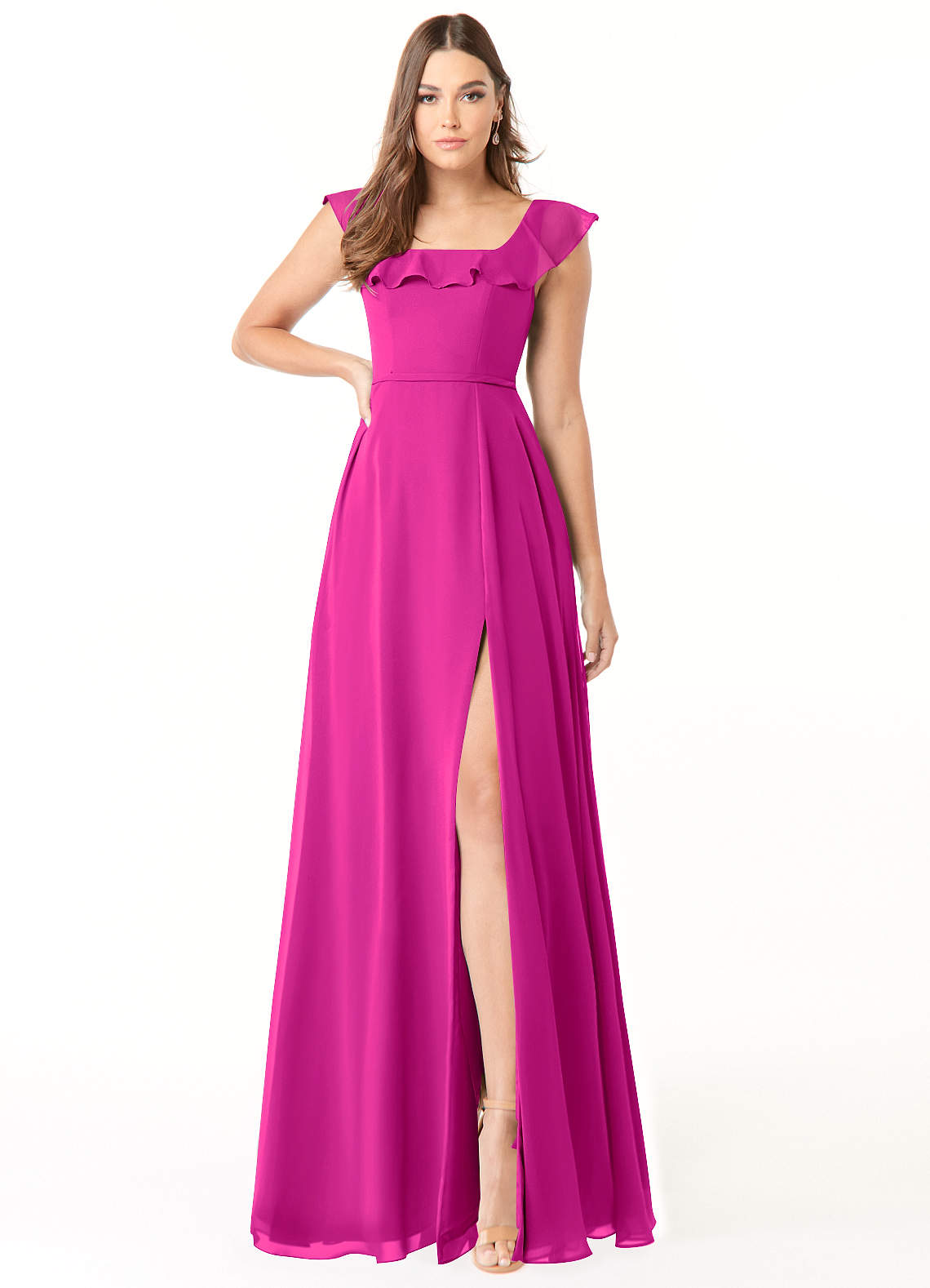 Azazie Jinny Brautjungfernkleider A-Linie Quadratischer Ausschnitt Gerüscht Chiffon Kleid Fuchsia image1