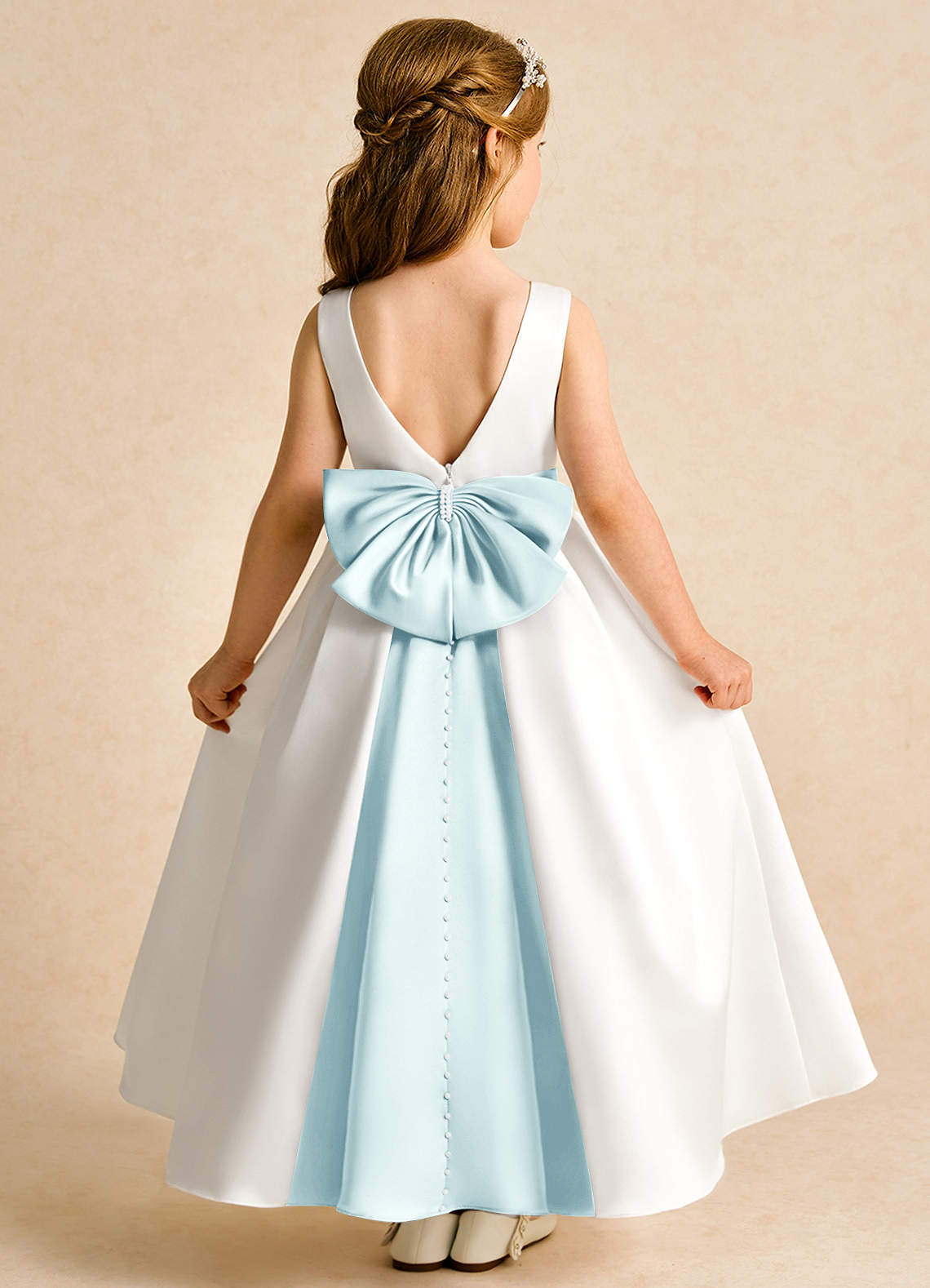 Azazie Cherry Flower Girl Dresses Ivory Sea Glass Ball-Gown Pleated Matte Satin Dress image1