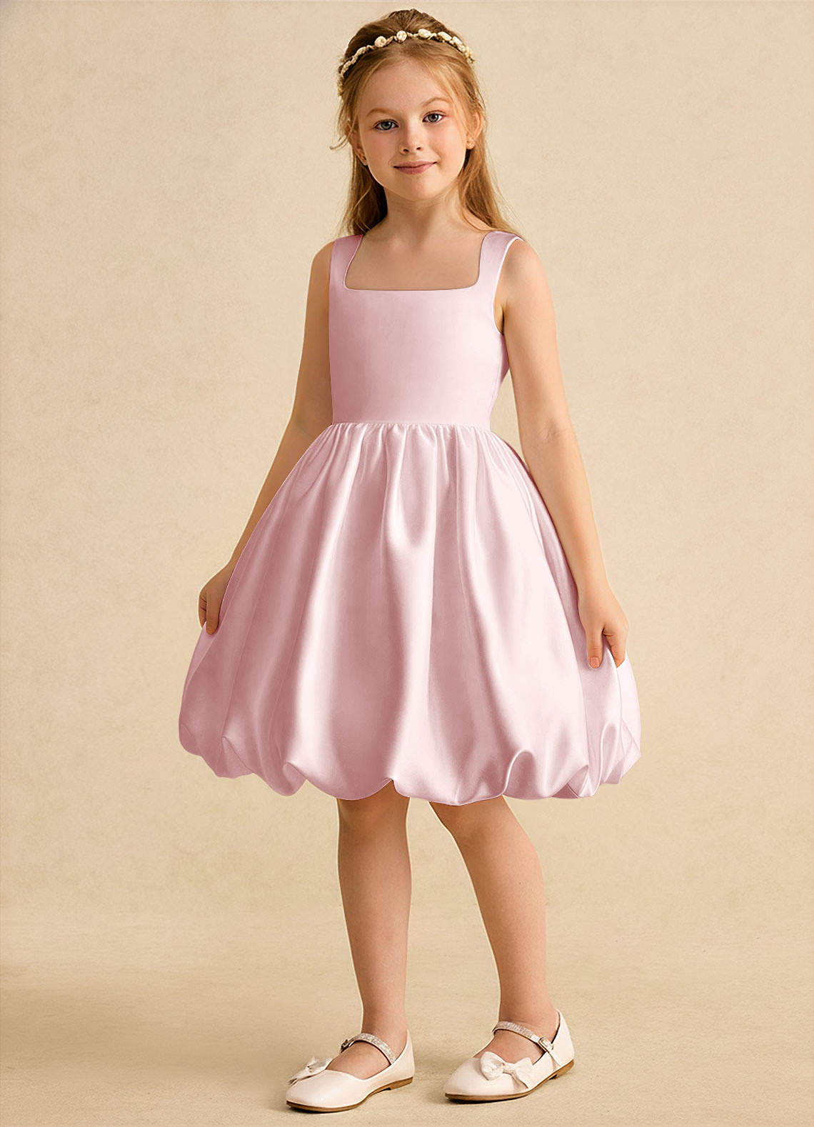 Azazie Nirvana Robe Demoiselle D'honneur Fillette Robe Princesse en Mat Satiné Rayé Rose Poudré image4