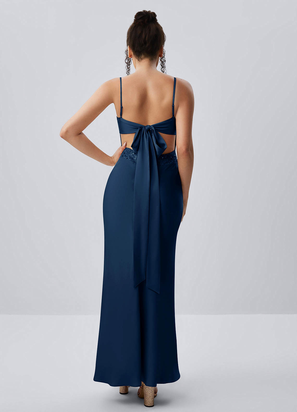 Paloma Navy Satin Beading Back Bow Maxi Dress