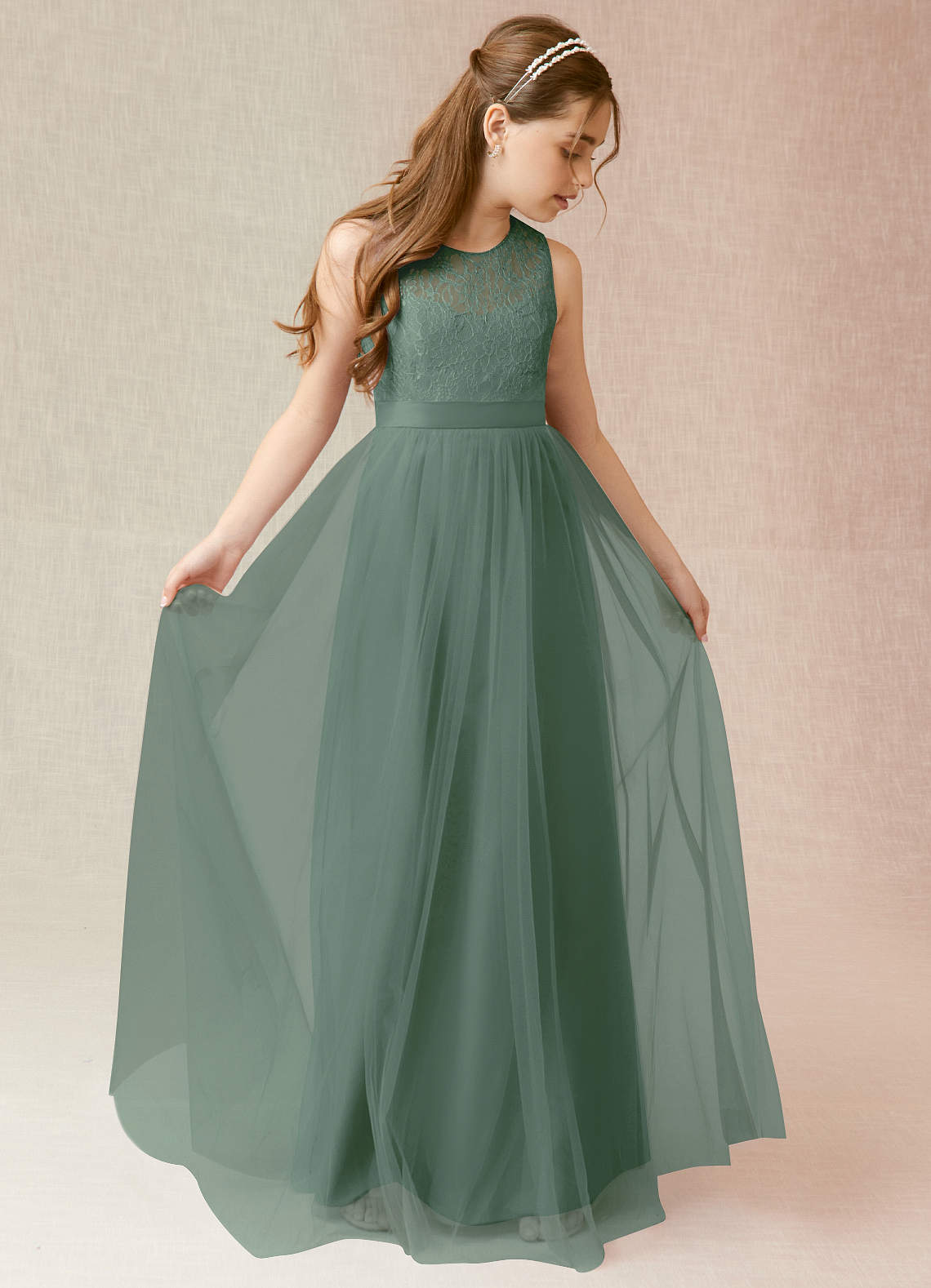 Azazie Georgette Junior A-Linie Spitze Tüll Kleid Eukalyptus image1