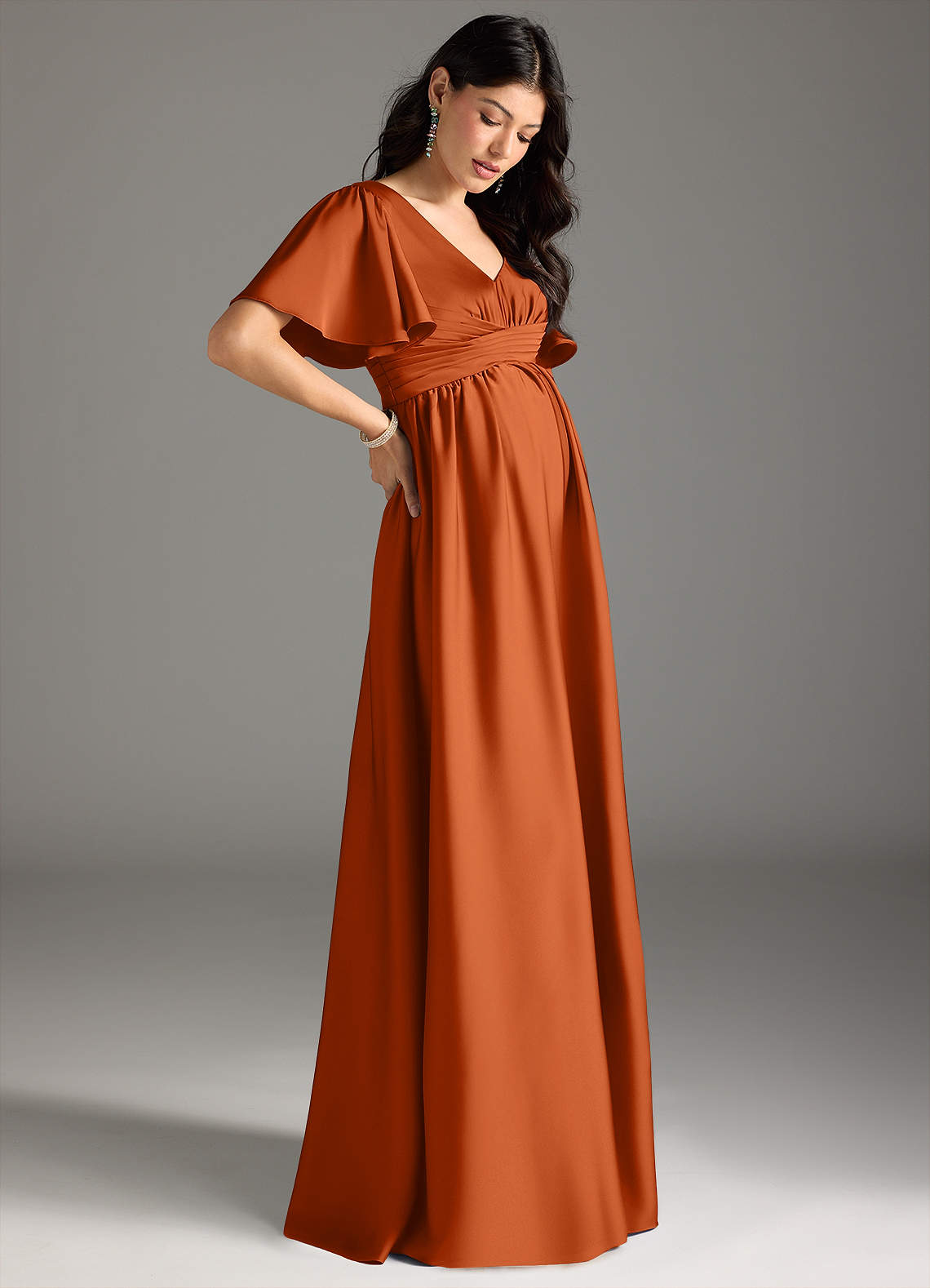 Azazie Verna At-home Try On Dresses A-Line Ruched Stretch Satin Floor-Length Dress image5