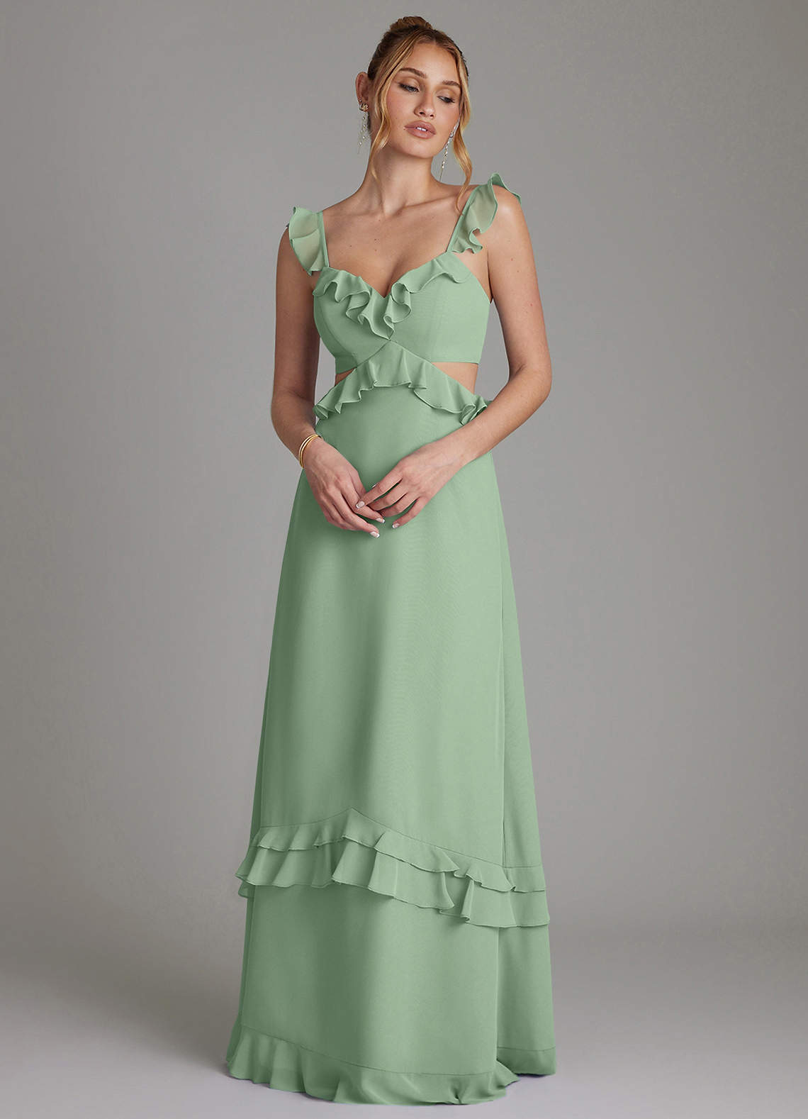 Azazie Malaya Vestidos de damas de honor Vestido de Matcha de Gasa de Corte en A con Corsé image1