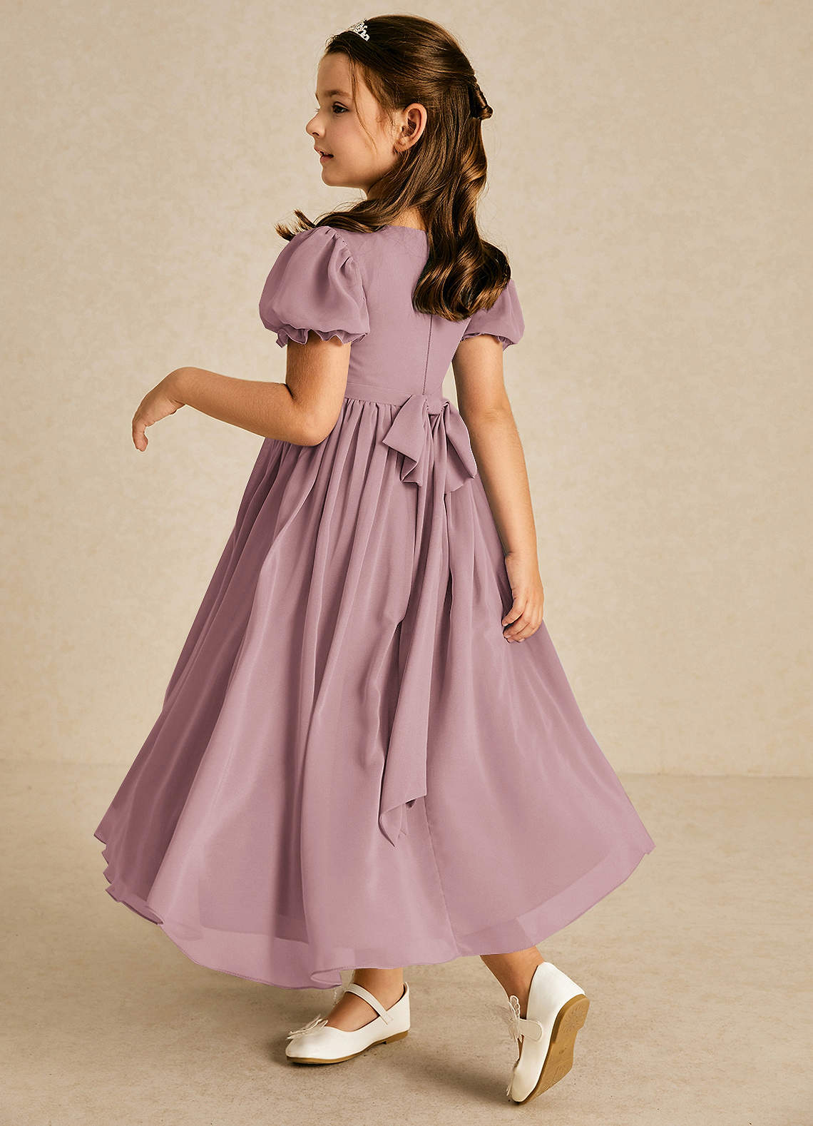 Azazie Joss Flower Girl Dresses Dusty Rose A-Line with Sleeves Chiffon Dress image1