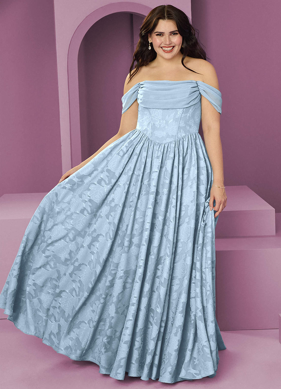 Barbie ♥ Azazie Jurken voor bruidsmeisjes Converteerbaar Jurk van Bloemen Burn-out met A-Lijn Off the Shoulder Hemelsblauw image1
