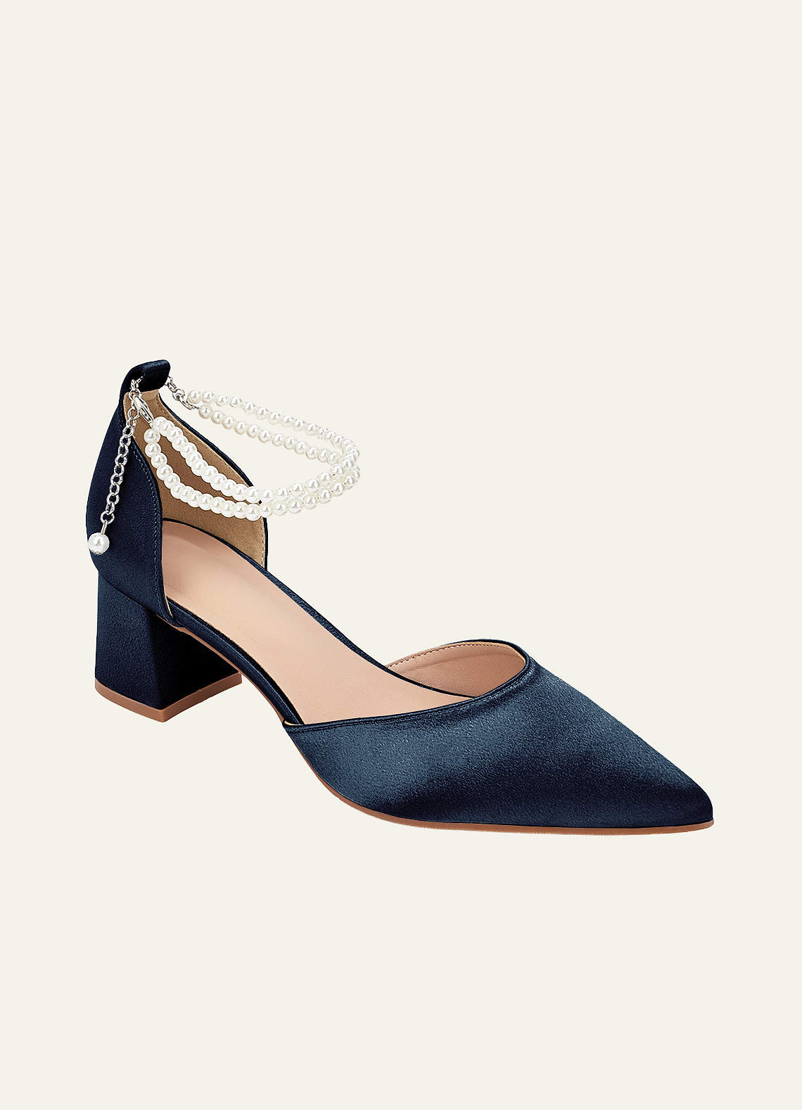 front Matching Color Metallic Satin Pearl Strap Pointed Toe Block Heels