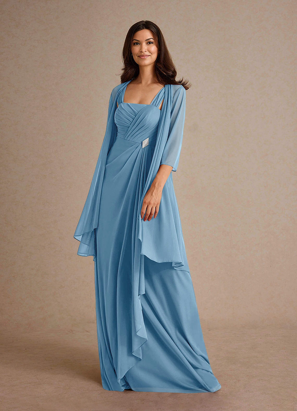 Azazie Clinton Mother of the Bride Dresses Steel Blue A-Line Pleated Mesh Dress image1