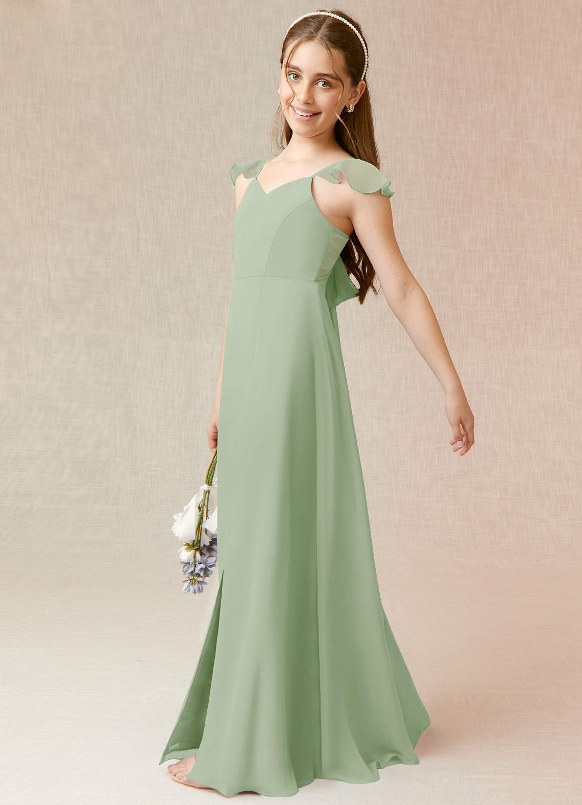 Simple Sleeveless Empire Waist Long Junior Bridesmaid Dress Dusty Sage
