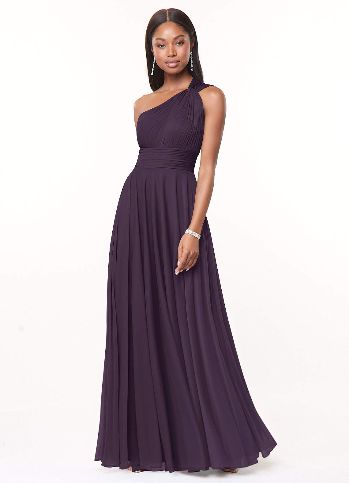 Azazie Charlize Bridesmaid Dresses Plum A-Line One Shoulder Mesh Dress image1