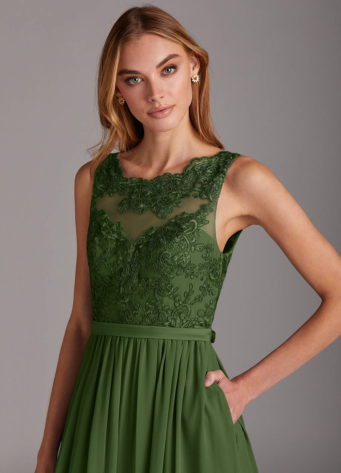 olive green lace bridesmaid dresses Olive Green Lace Tie-Back Maxi Dress – Modsele main image 0