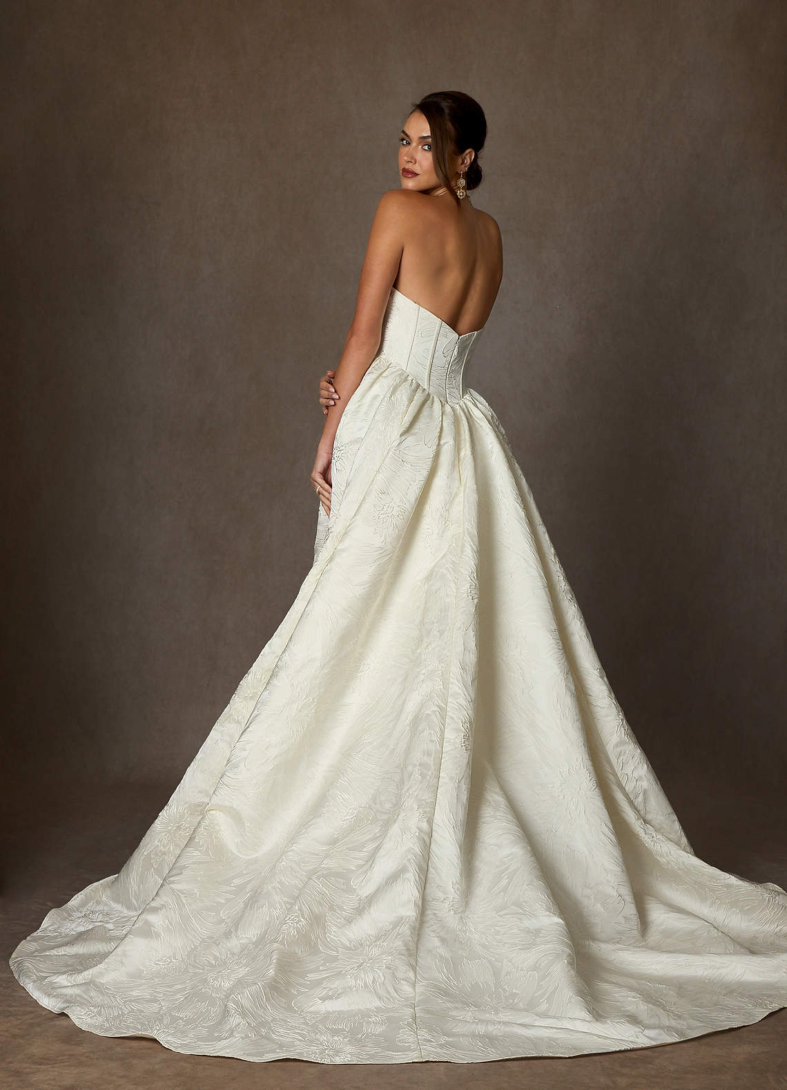 Azazie Demetria Wedding Dresses Antique White Ball-Gown Strapless Floral Jacquard Dress image1