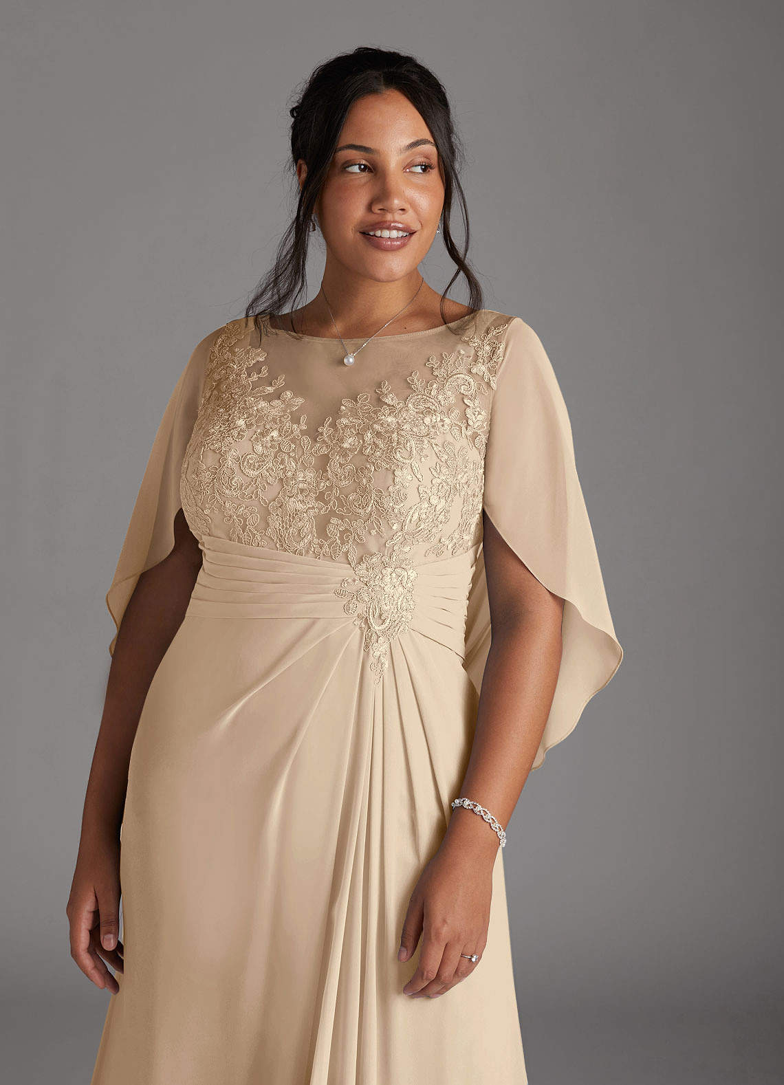 Azazie Hera Mother of the Bride Dresses Champagne A-Line Lace Capelet Chiffon Dress image10