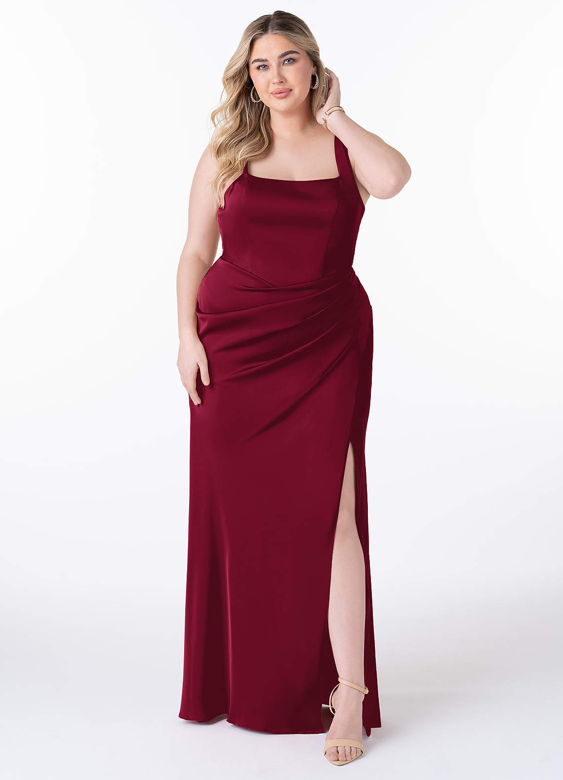 Azazie Mero Bridesmaid Dresses Burgundy Sheath Pleated Stretch Satin Dress image1