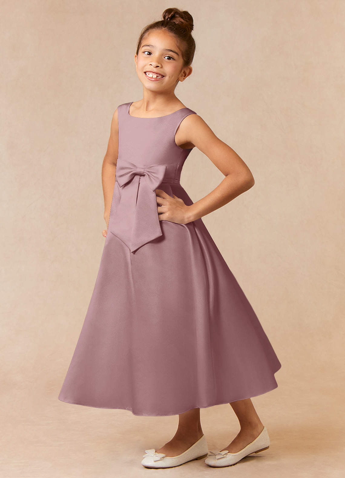 Azazie Lindy Flower Girl Dresses Dusty Rose A-Line Pleated Matte Satin Dress image1