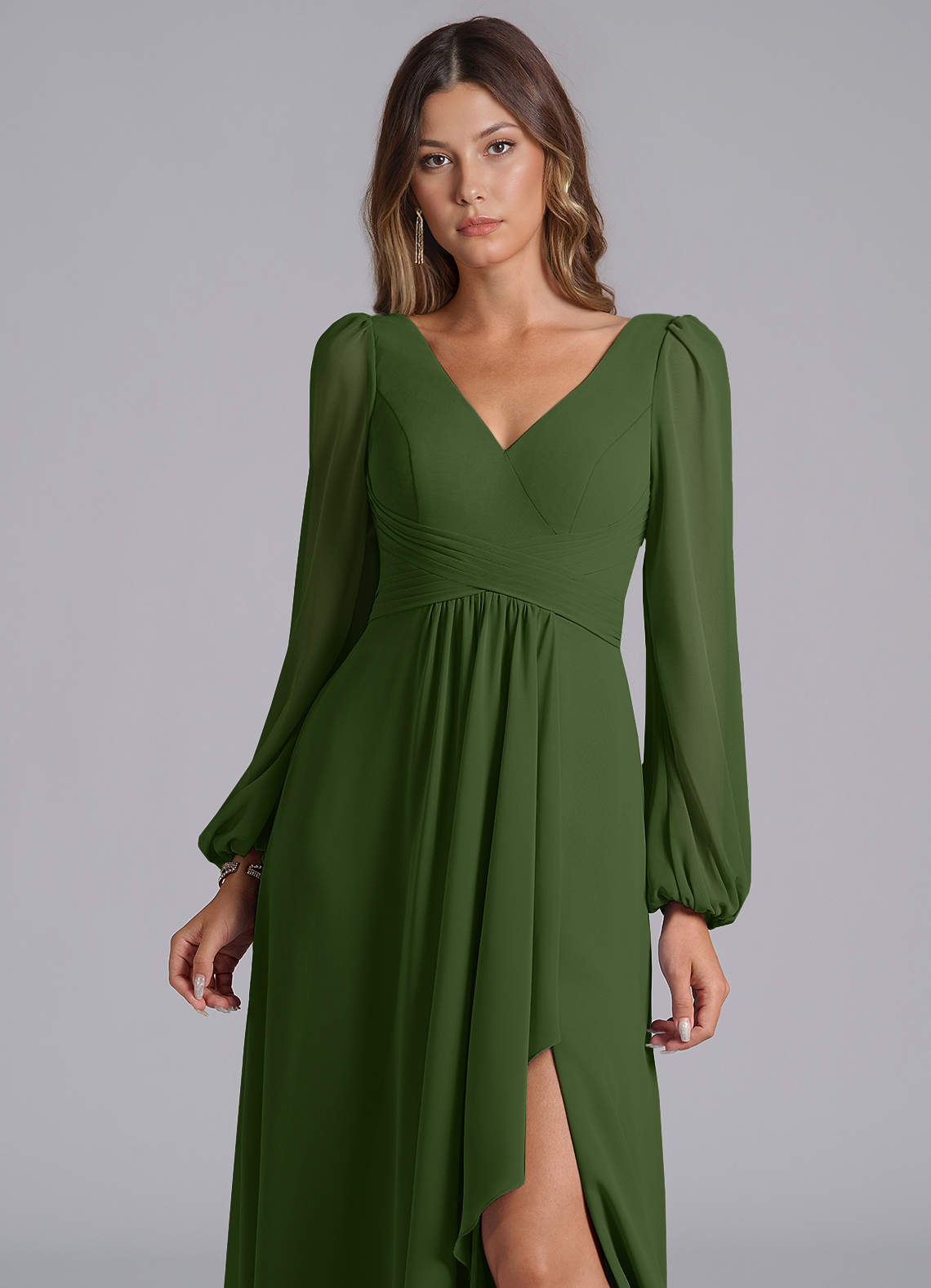olive green bridesmaid dresses long sleeve BABARONI BABARONI Chiffon Olive Green Bridesmaid Dresses V-neck Floor-length Long Sleeve Lace A-line, Olive Green / US0