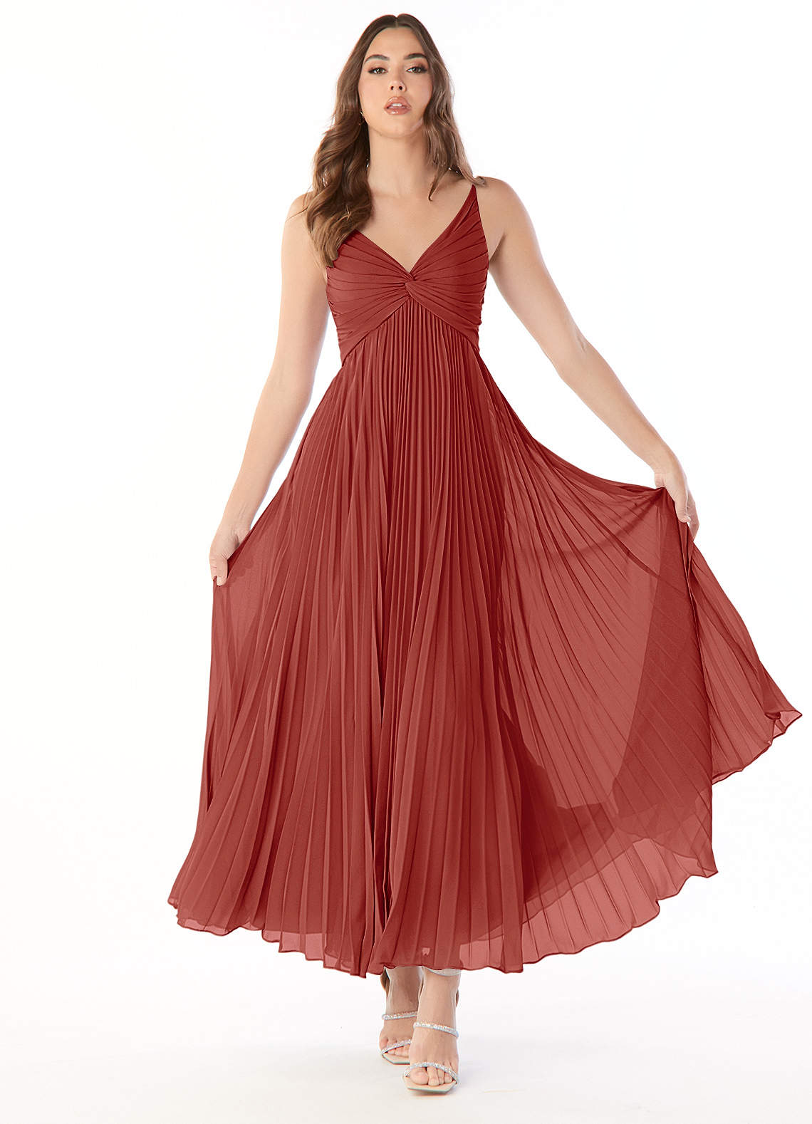 Azazie Raychelle Brautjungfernkleider A-Linie V-Hals Chiffon Kleid Terrakotta image1