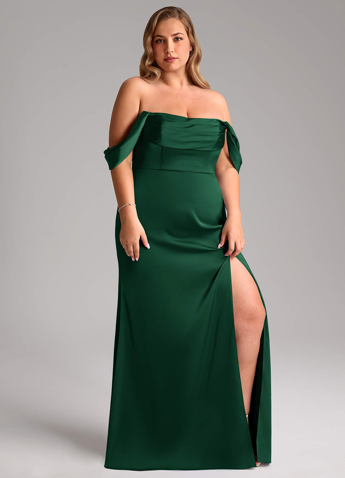 Azazie Saige Bridesmaid Dresses Dark Green Sheath Off the Shoulder Stretch Satin Dress image12