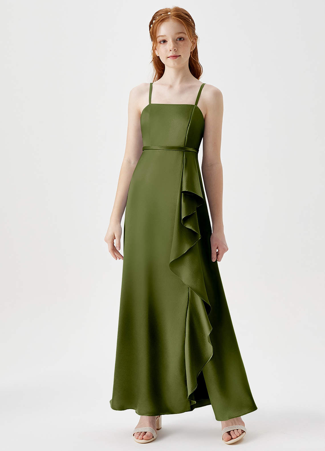 Azazie Kaylee Junior Olive A-Line with Belt Metallic Satin Dress image1