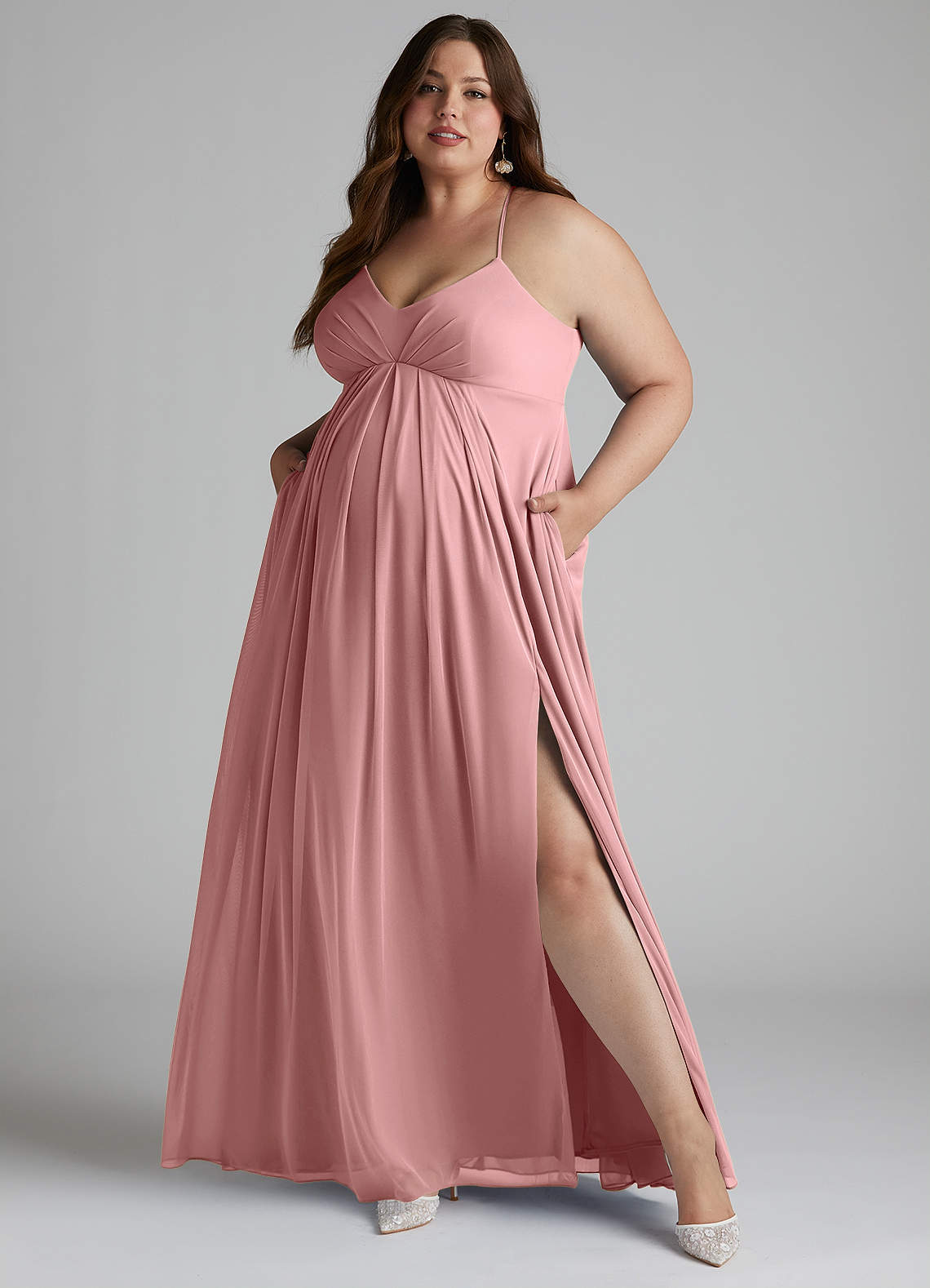 Azazie Plus Size A-Line/Princess Halter Neck Floor-Length Mesh Maternity Bridesmaid Dresses - Dusty Rose