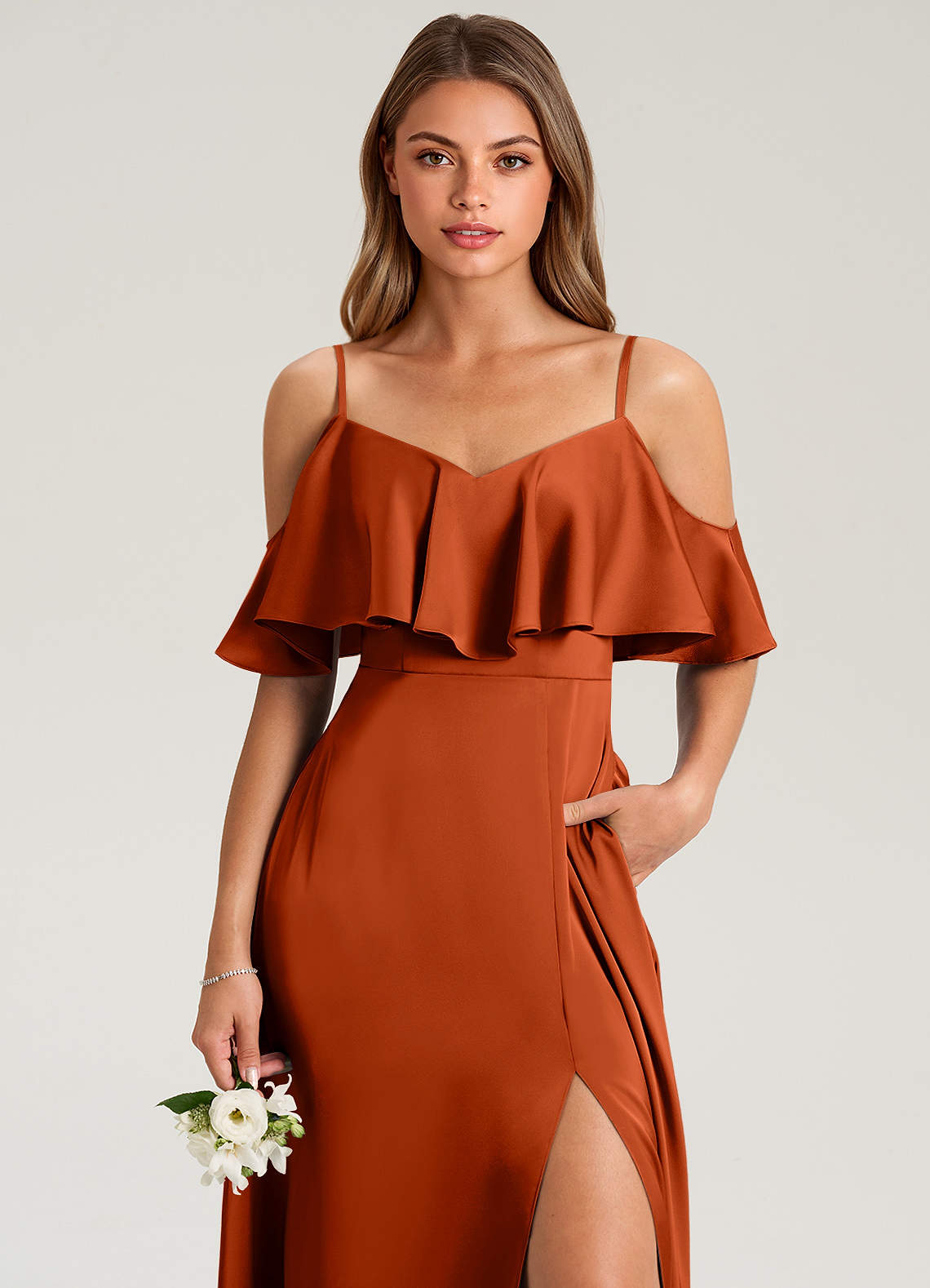 Azazie Jean Vestidos de damas de honor Vestido de Pimenton de Satén Elástico de Corte en A con Vestidos sin tirantes image5