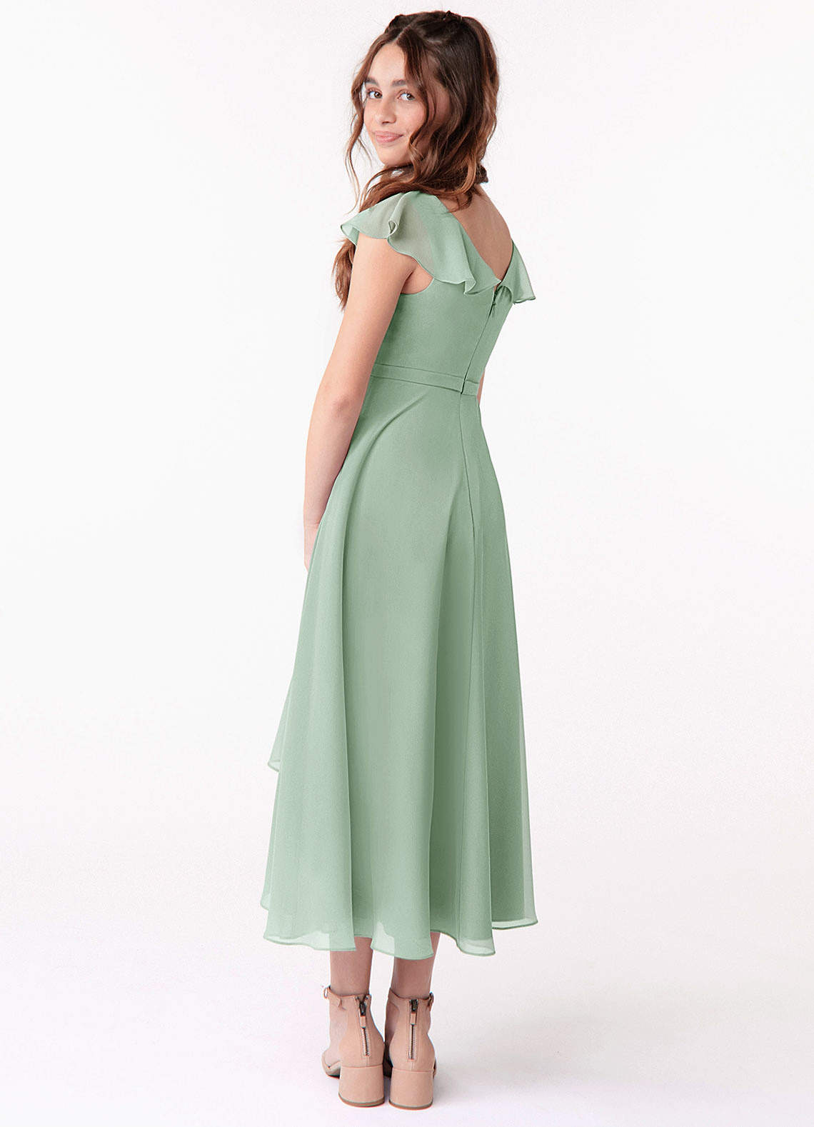 Azazie Posie Junior A-Linie Gestreift Chiffon Kleid Agave image1