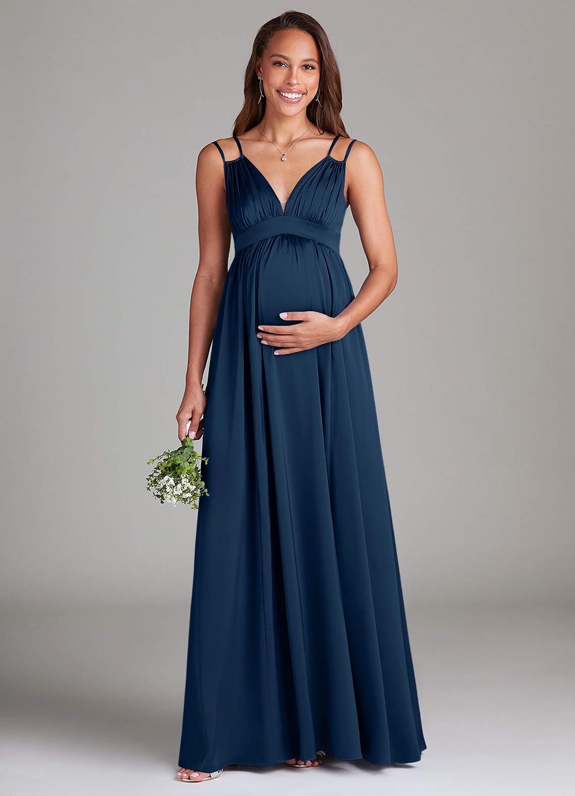 Azazie Emree Maternity Bridesmaid Dresses A-Line Stretch Satin Floor-Length Dress with Pockets image1