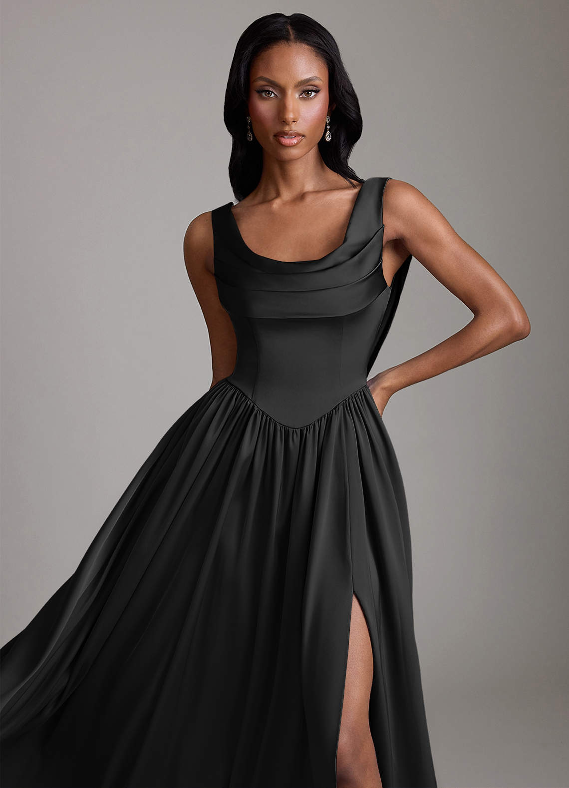 Azazie Novi Bridesmaid Dresses Black A-Line with Pockets Stretch Satin Dress image2