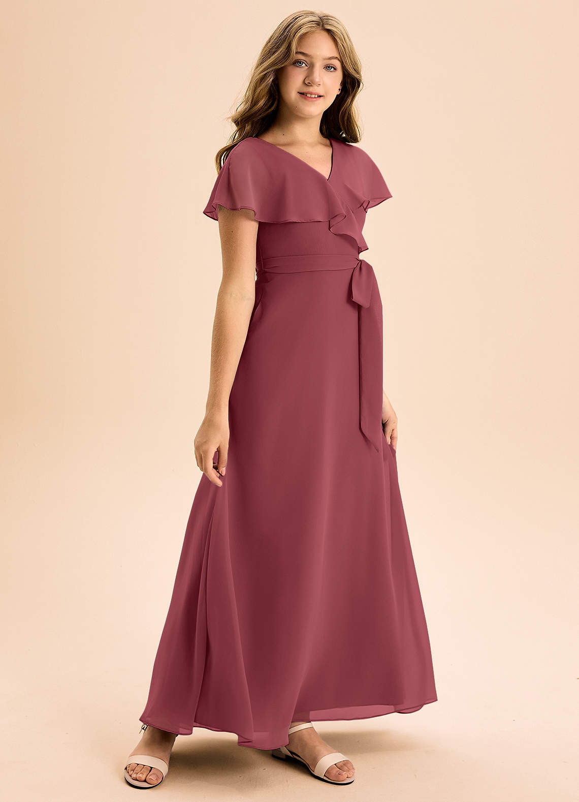 Azazie Lainey Junior Abito A-Line in Chiffon Con Tasche Merlot image1