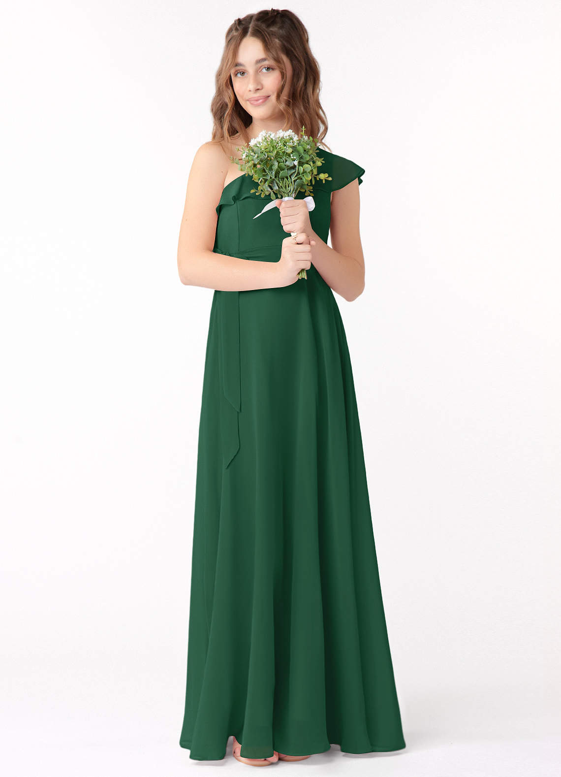 Azazie Eletta Junior Abito A-Line in Chiffon Increspato Verde Scuro image1