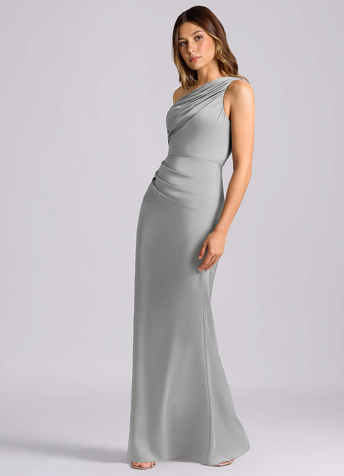 Azazie Akilah Brudepigekjoler Havfrue En skulder Stræk satin Gulv-længde Kjole image4