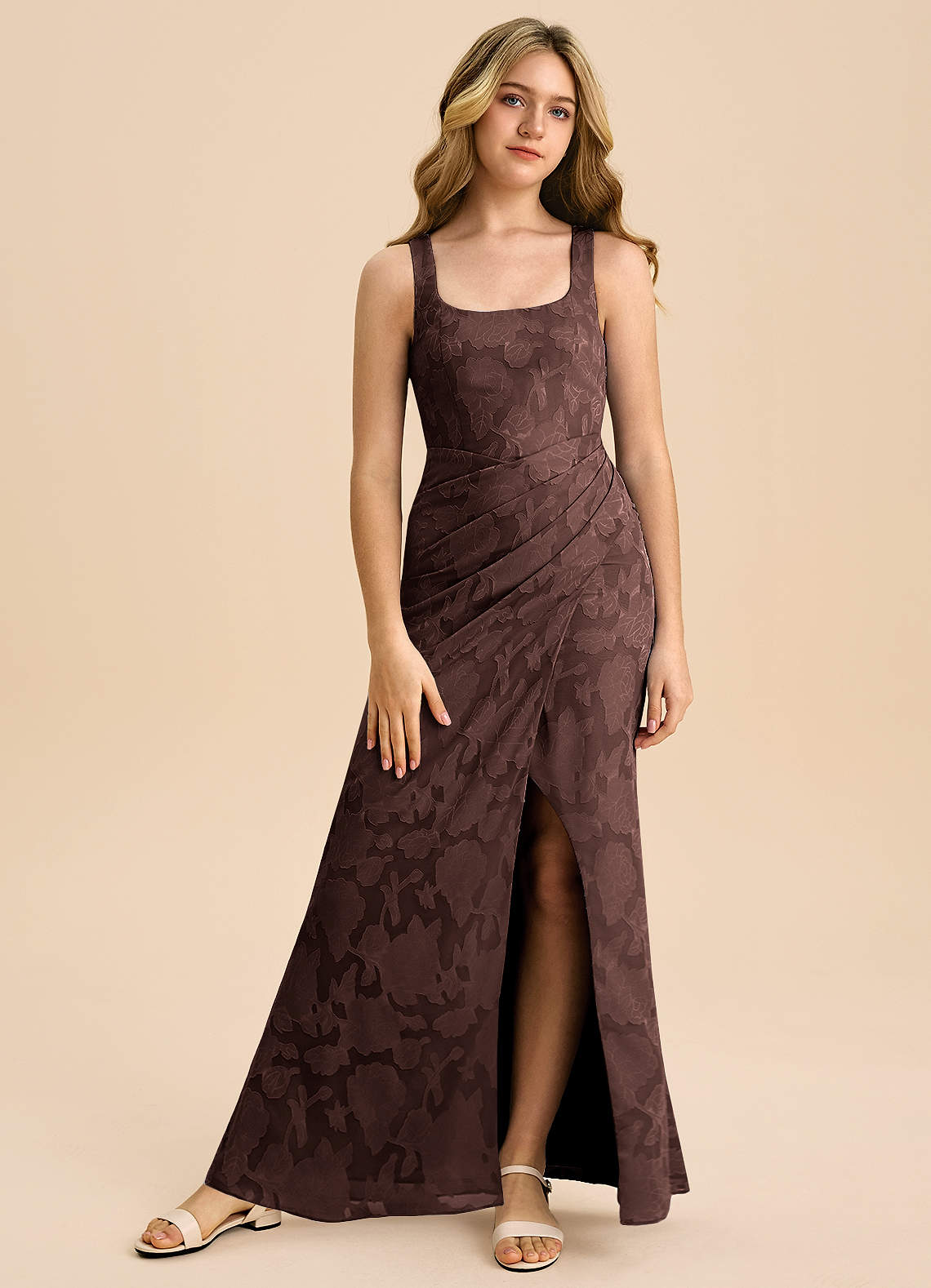 Azazie Mero Junior Ganache Sheath Pleated Floral Burnout Dress image3