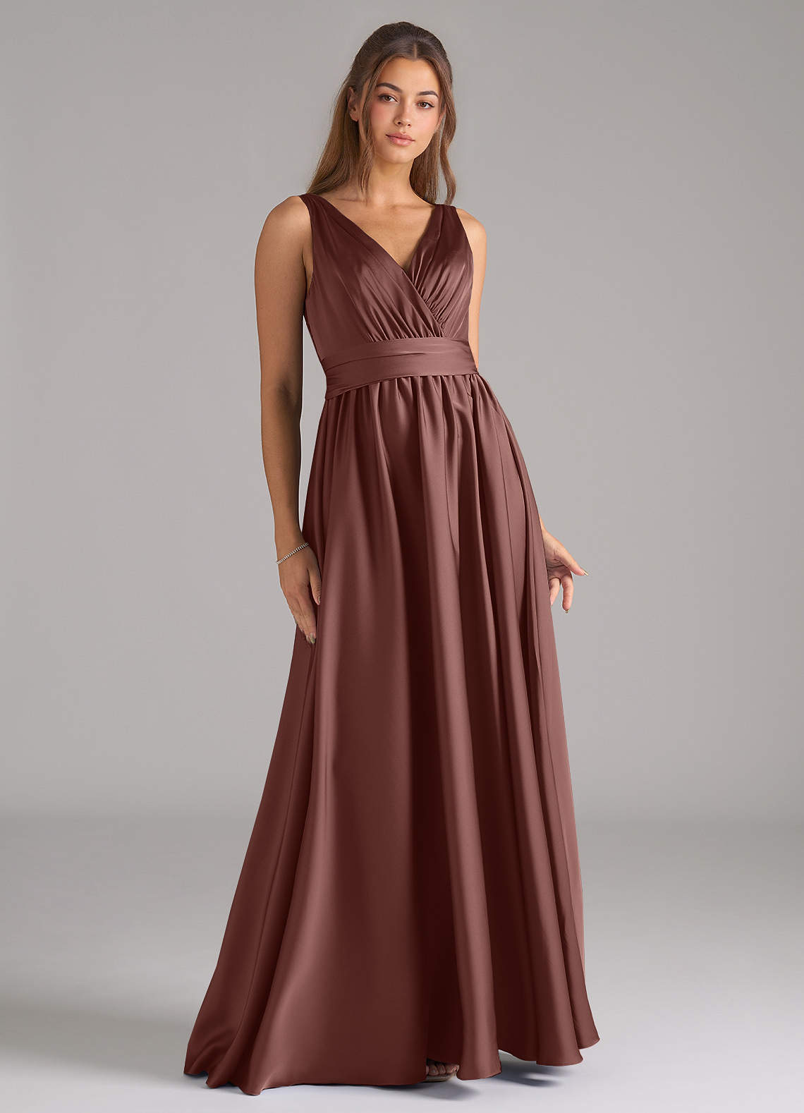 Azazie Kora Bridesmaid Dresses Espresso A-Line Pleated Stretch Satin Dress image1