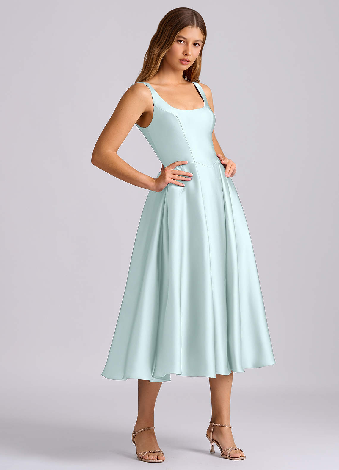 teal tea length bridesmaid dresses KissProm