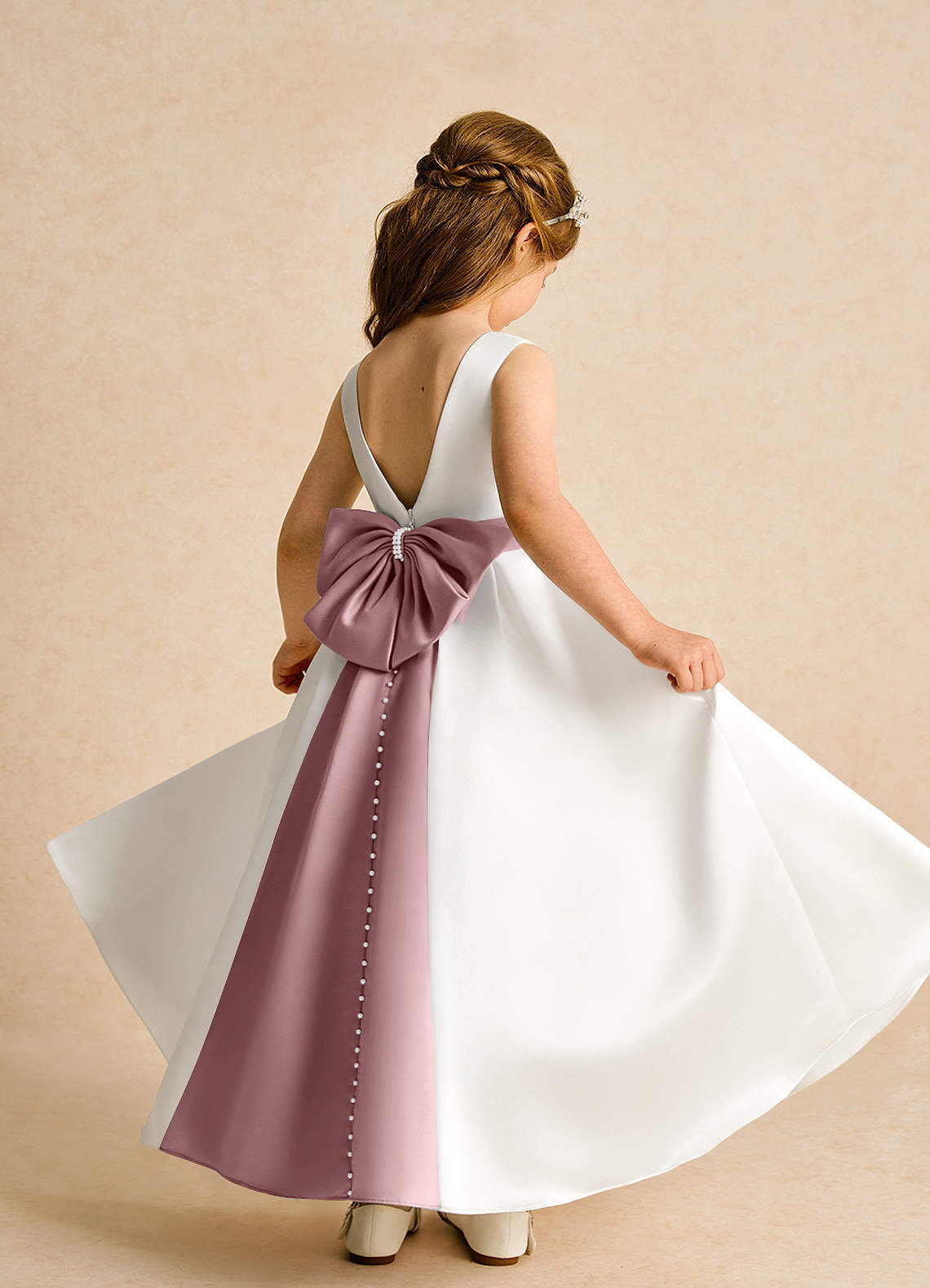 Azazie Cherry Flower Girl Dresses Ivory Dusty Rose Ball-Gown Pleated Matte Satin Dress image3