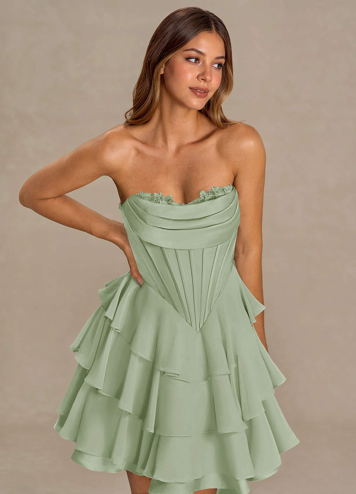 corset tiered mini dress Brinley Light Green Strapless plus size and custom Zipper Back Closure Bohemian Chic Wedding Boho Size:MOM-1X-FAMILY Cocktail dress